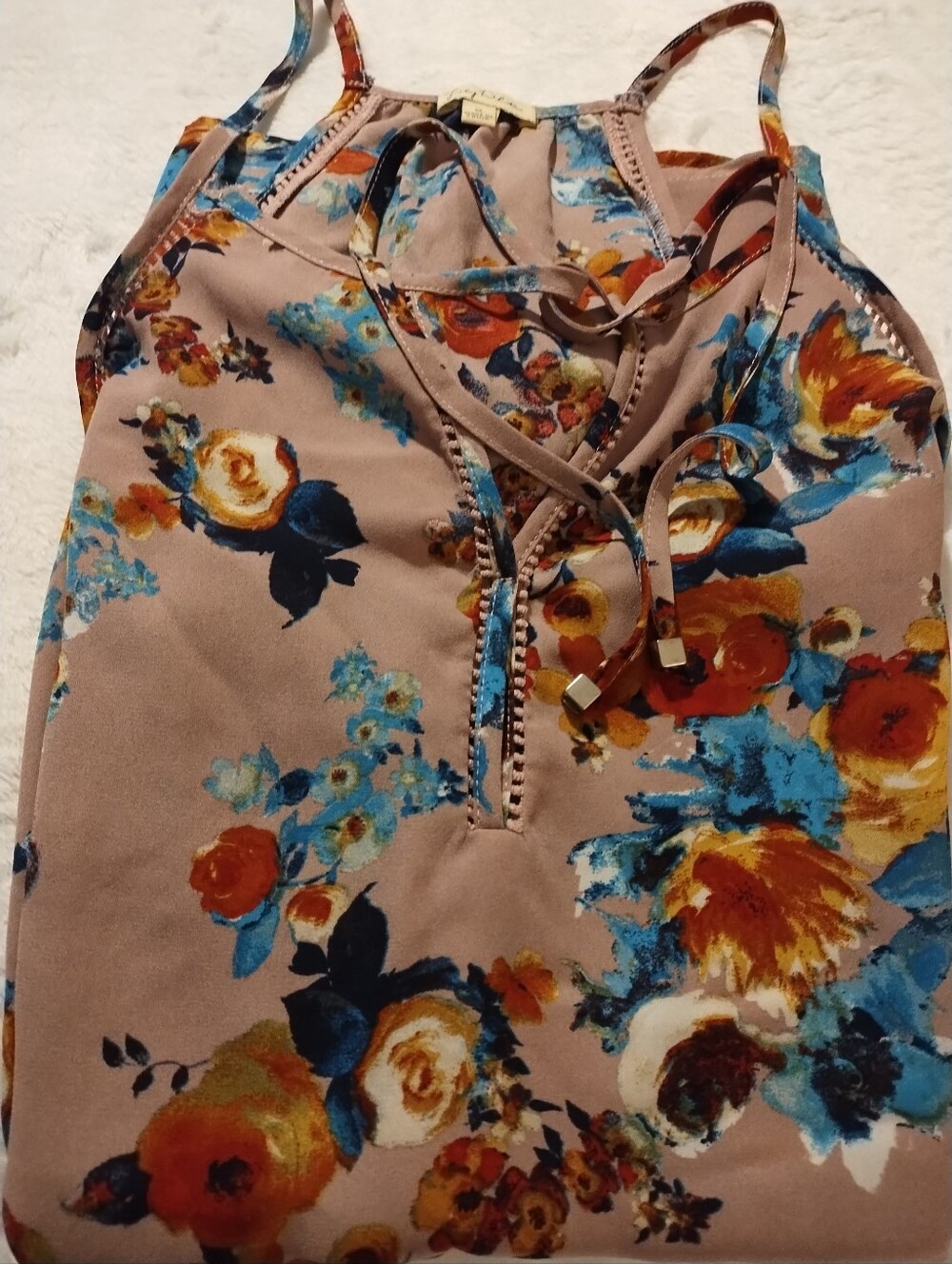 Lily White Blush Floral Lace-Up Tank with Blue & Mustard Accents